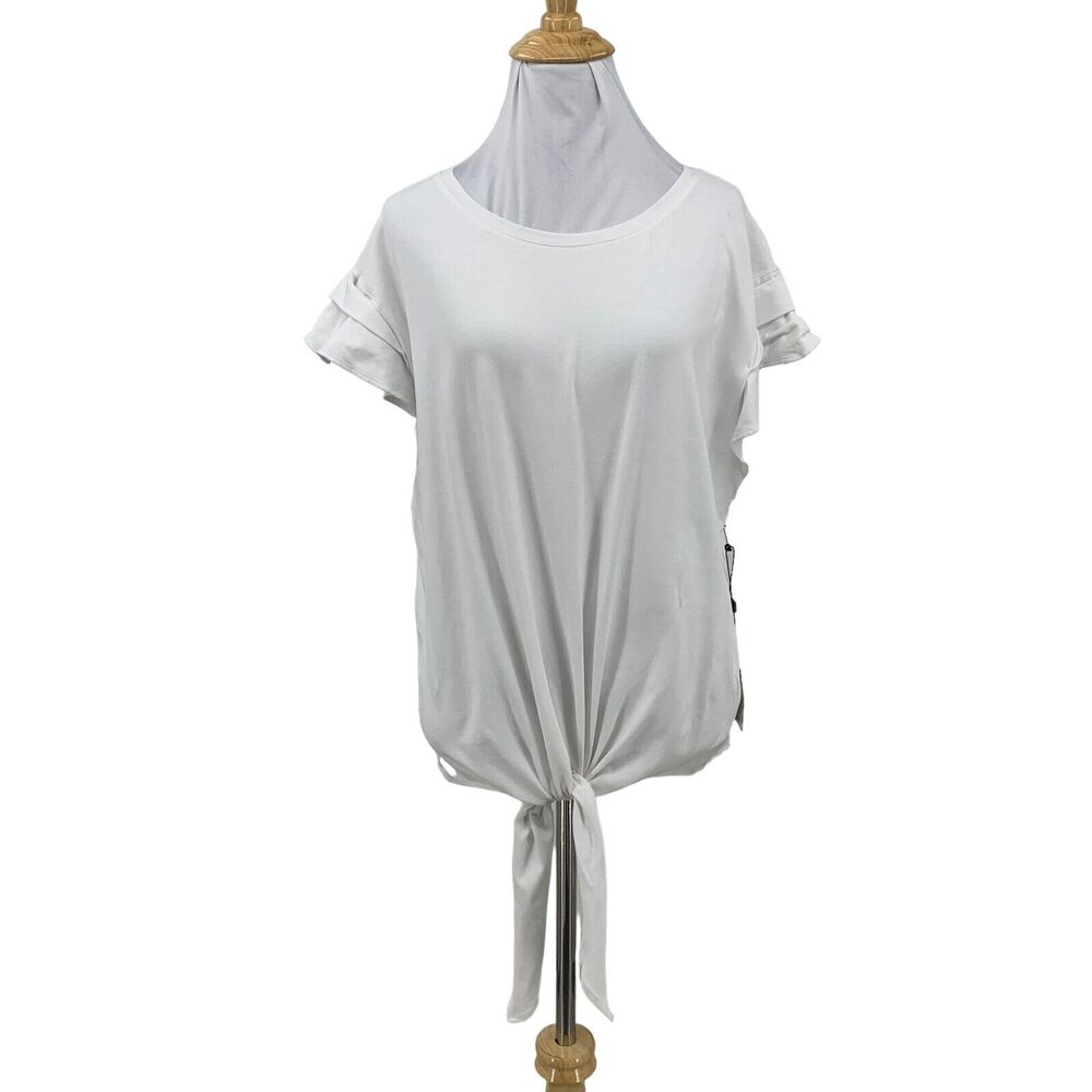 Laundry by Shelli Segal Top Womens M Medium White Ruffle Sleeve Knotted Tie Hem